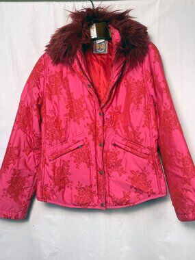 Oilily Womenswear Pink Floral Quilted Puffer Jacket Faux Fur Collar EU 44 XXL
